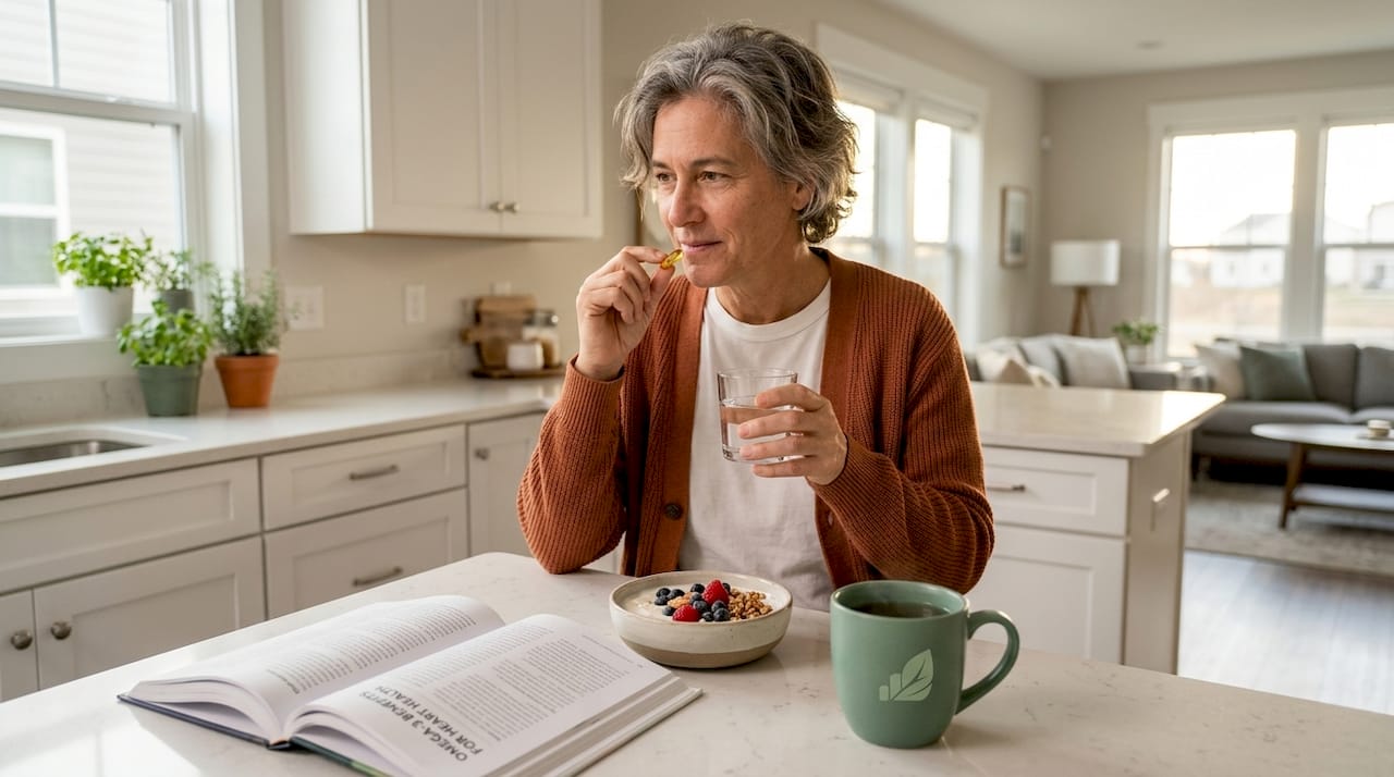 Person taking omega-3 fish oil capsule with water