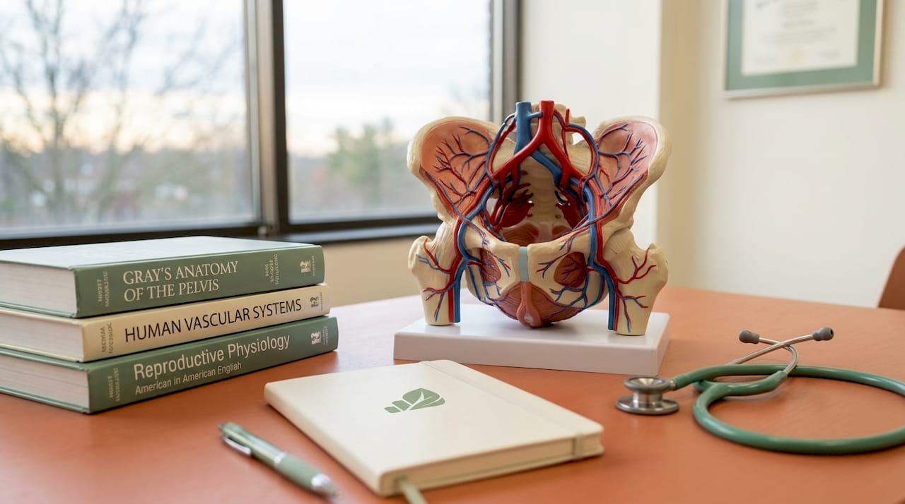 Anatomical model showing pelvic vascular system in clinical setting