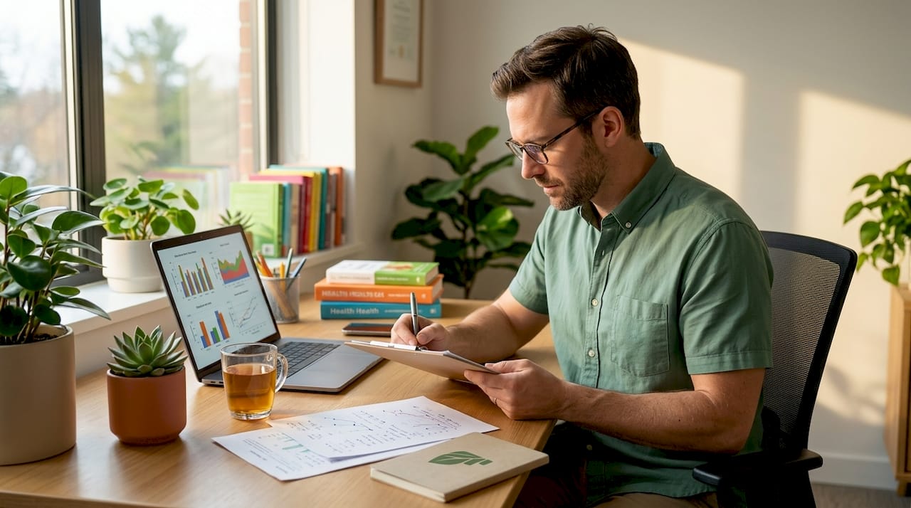 Man researching nitric oxide supplements at desk