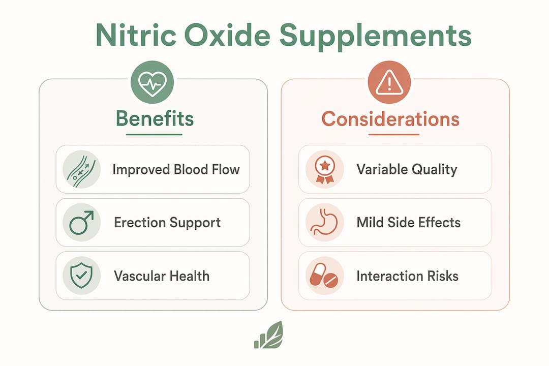 Infographic comparing benefits and considerations of nitric oxide supplements