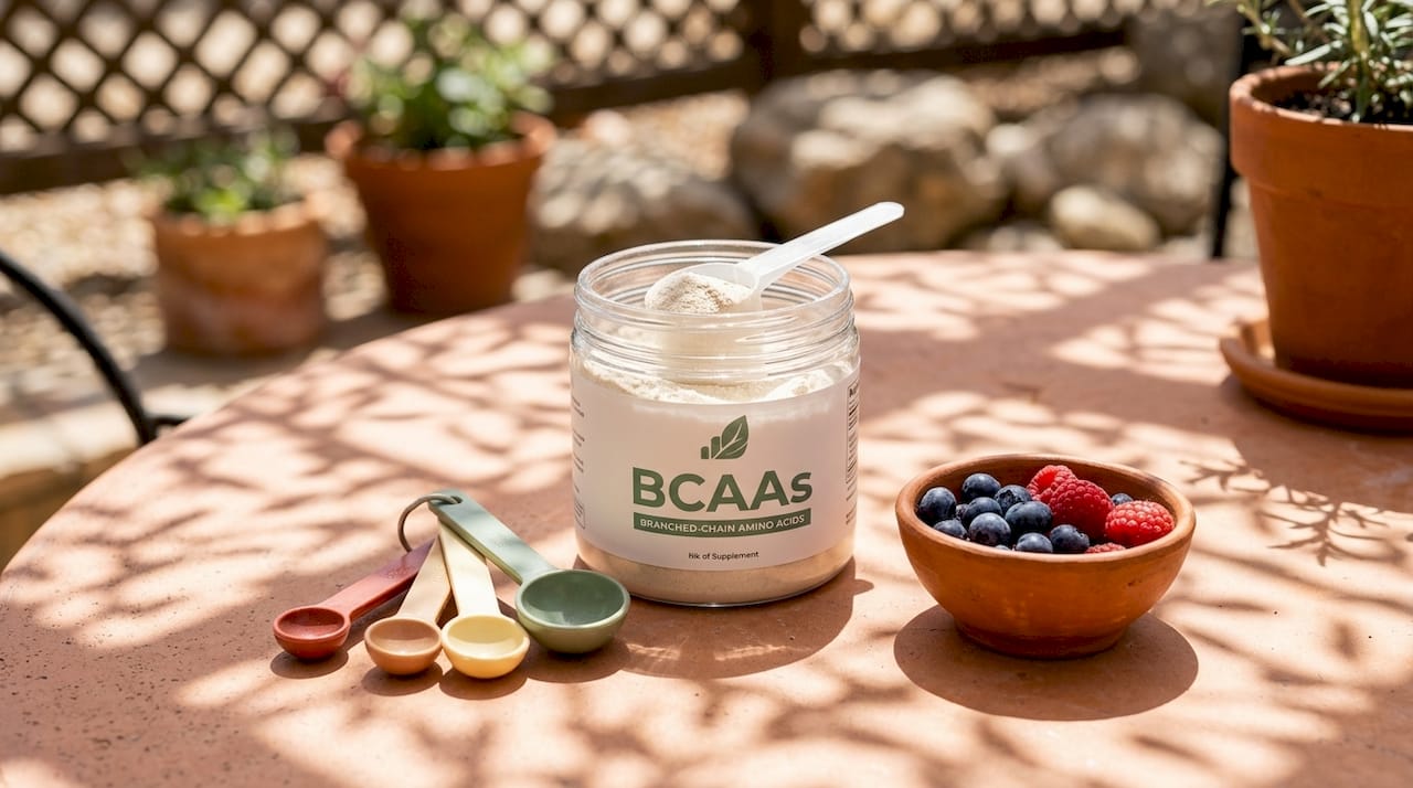 BCAA supplement powder container with scoop