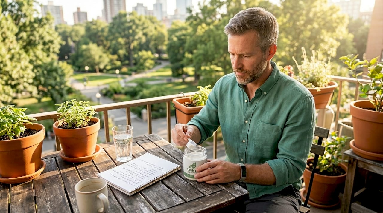 Middle-aged man reading BCAA supplement jar