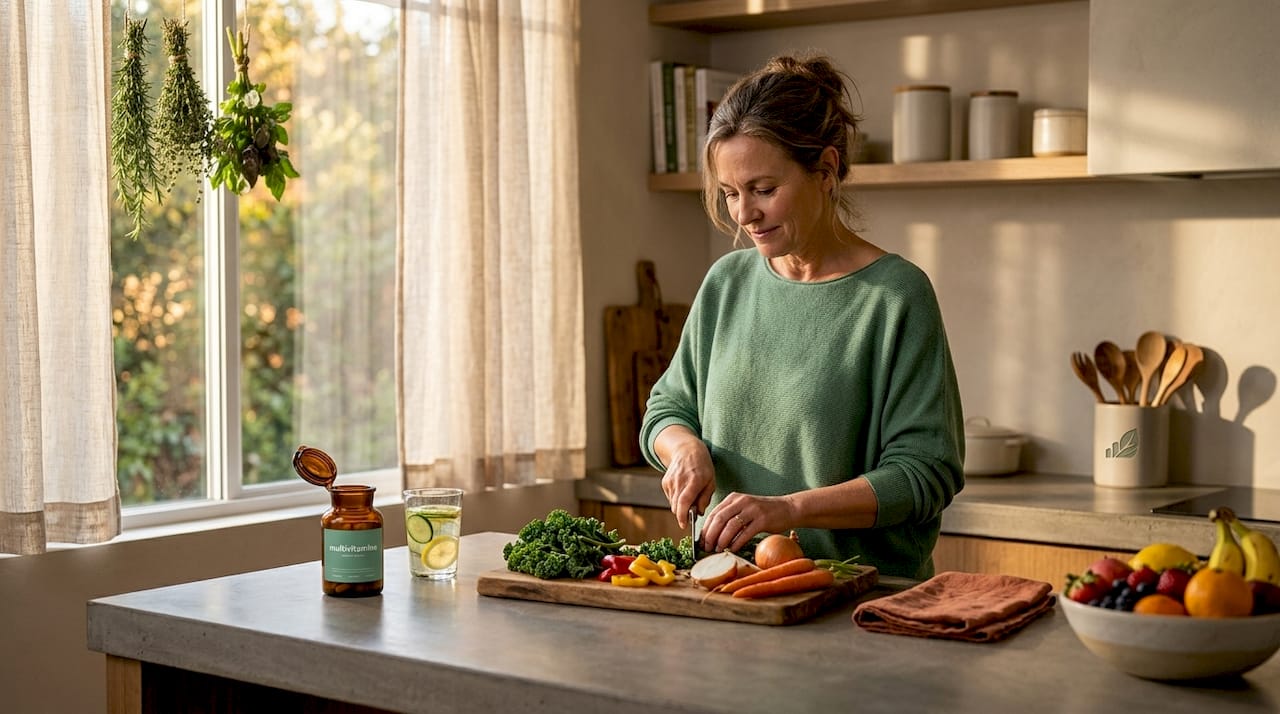 Woman preparing healthy meal with supplements nearby