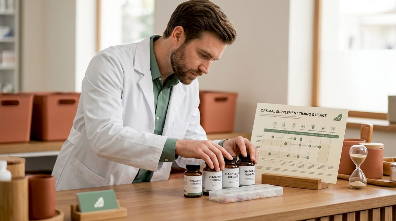 Pharmacist organizing vitamins with supplement timing chart