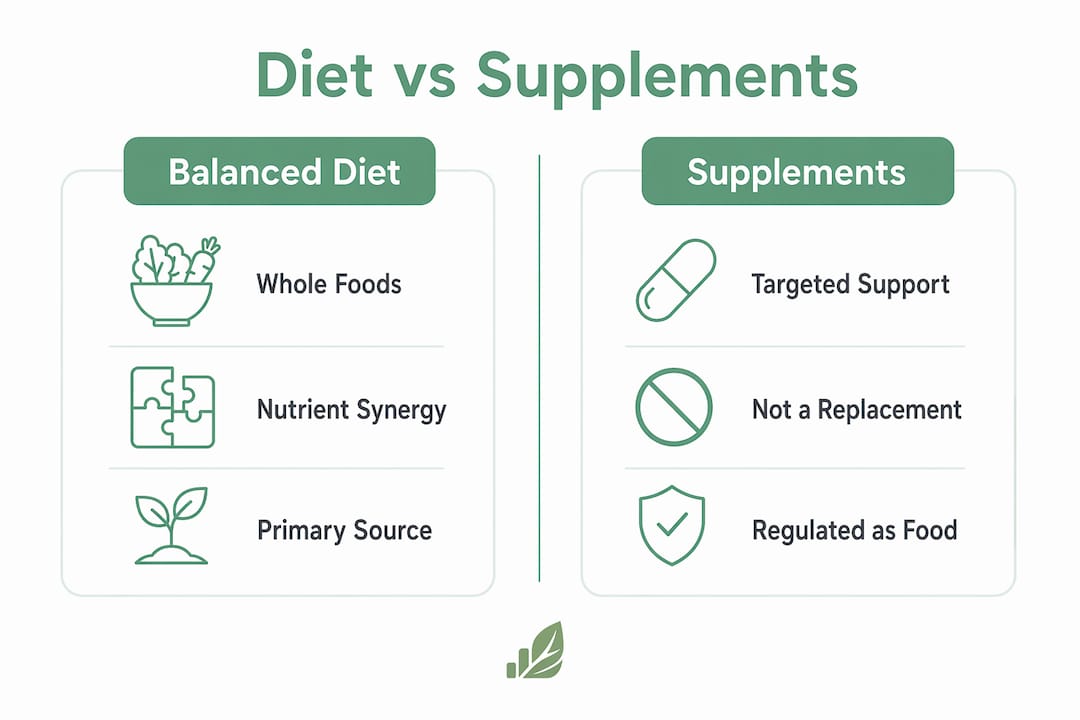 Infographic comparing balanced diet and supplements
