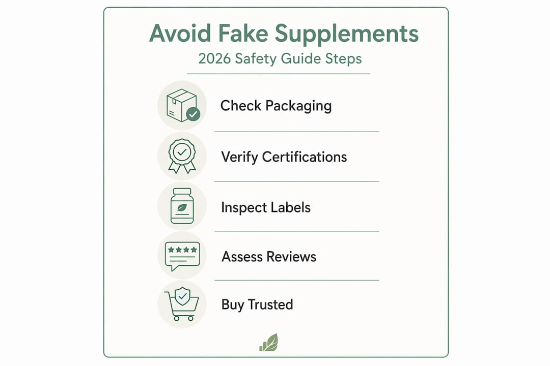Infographic illustrating five steps to avoid fake supplements