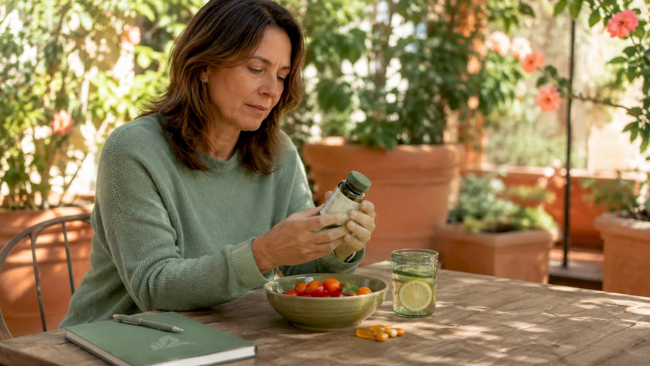 Woman reading lutein supplement label at table