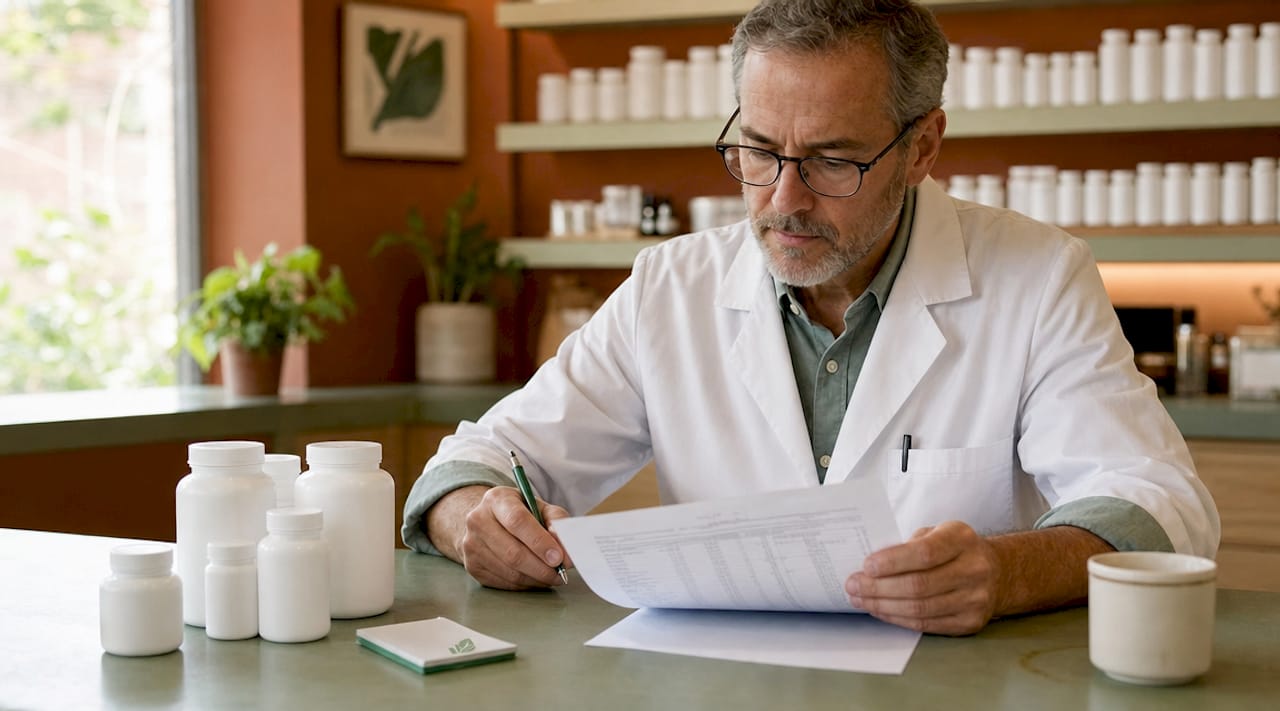 Pharmacist verifying supplement quality paperwork
