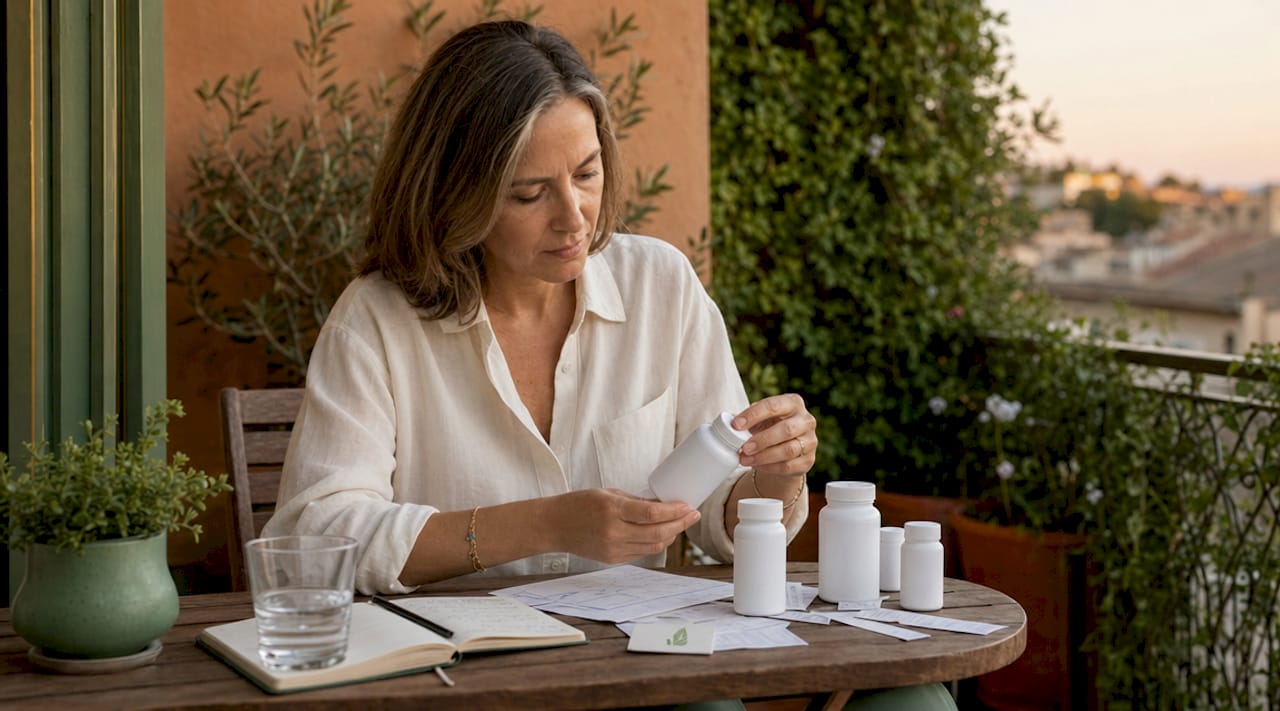 Woman checking supplement labels at kitchen table