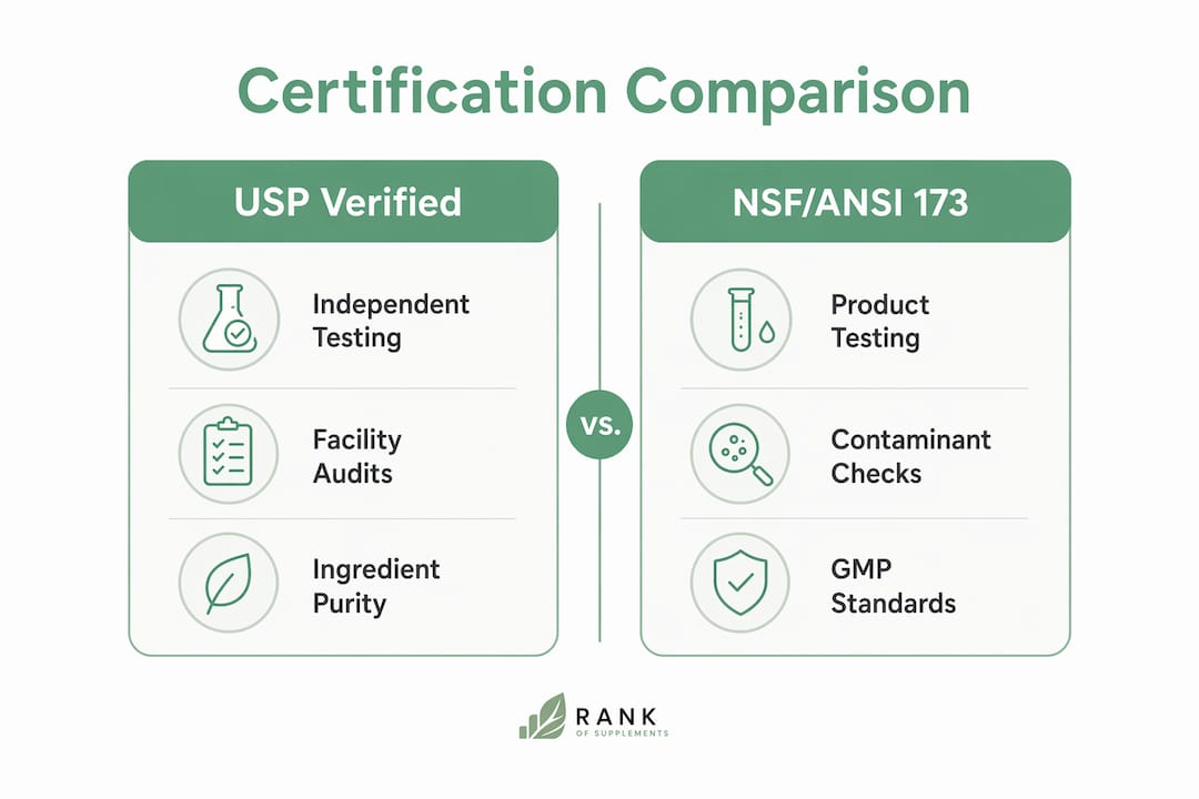 Infographic comparing USP Verified and NSF/ANSI 173 certifications