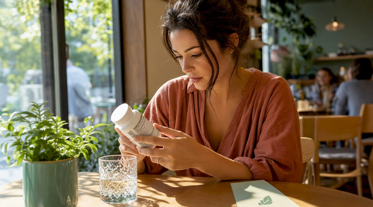 Woman reading hair health supplement label at kitchen table