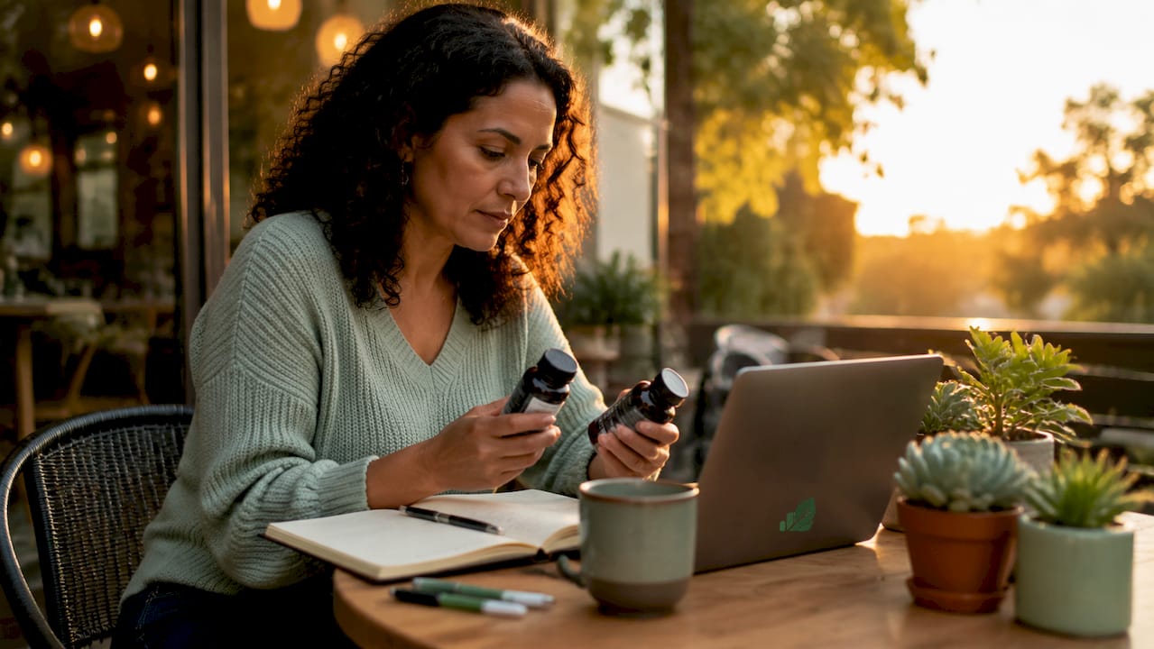 Woman researching antioxidant supplements at home desk