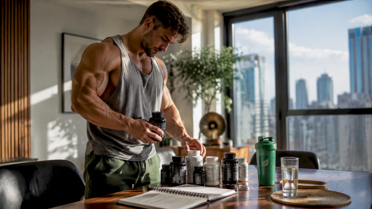 Bodybuilder organizing supplements at kitchen island