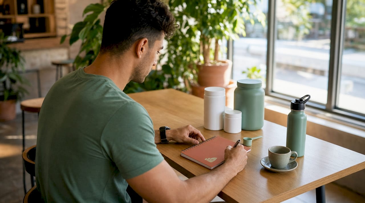 Hands writing supplement cycling plan in notebook