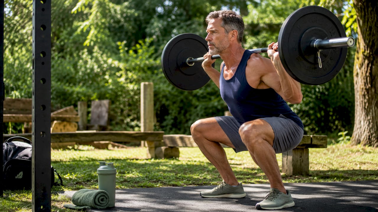 Man doing barbell squats in gym