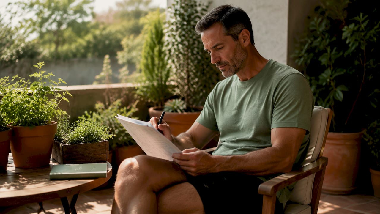 Man reviewing health test results at home kitchen