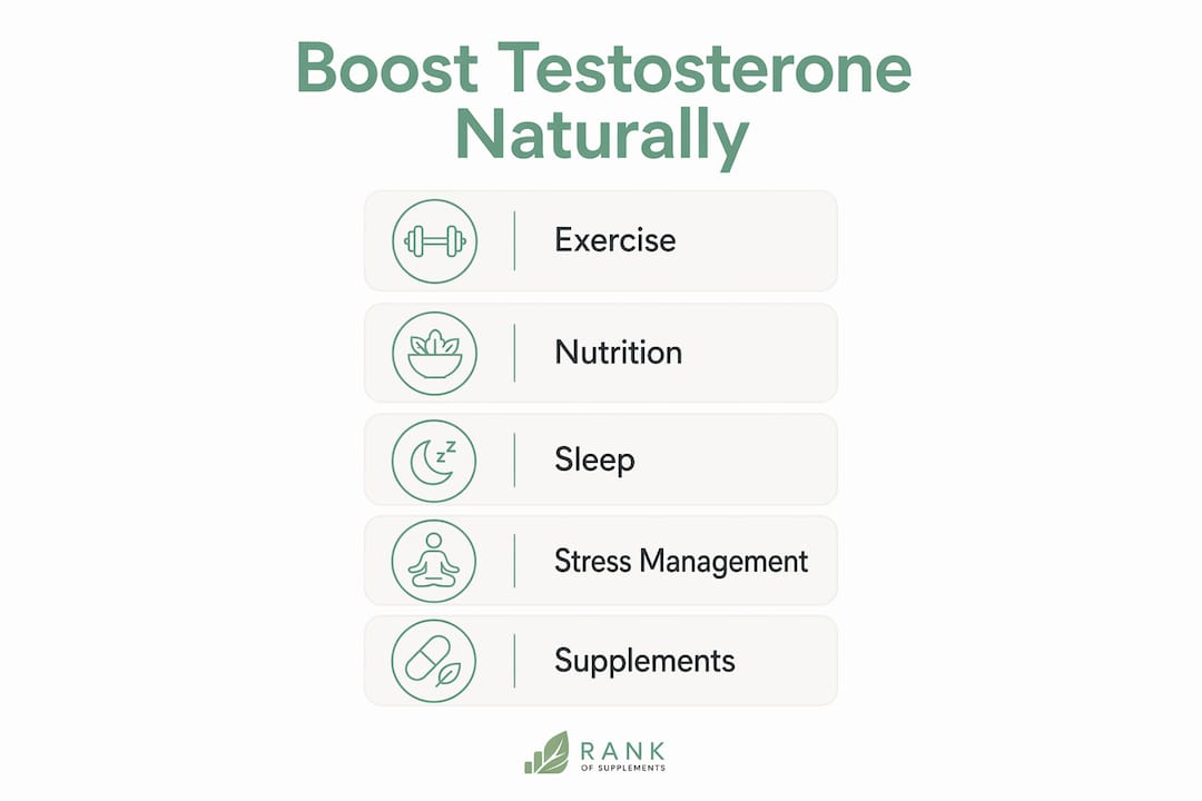 Infographic showing steps to boost testosterone naturally