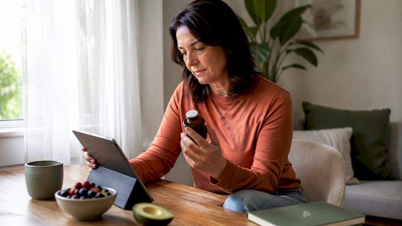 Woman examining biotin supplement at kitchen table