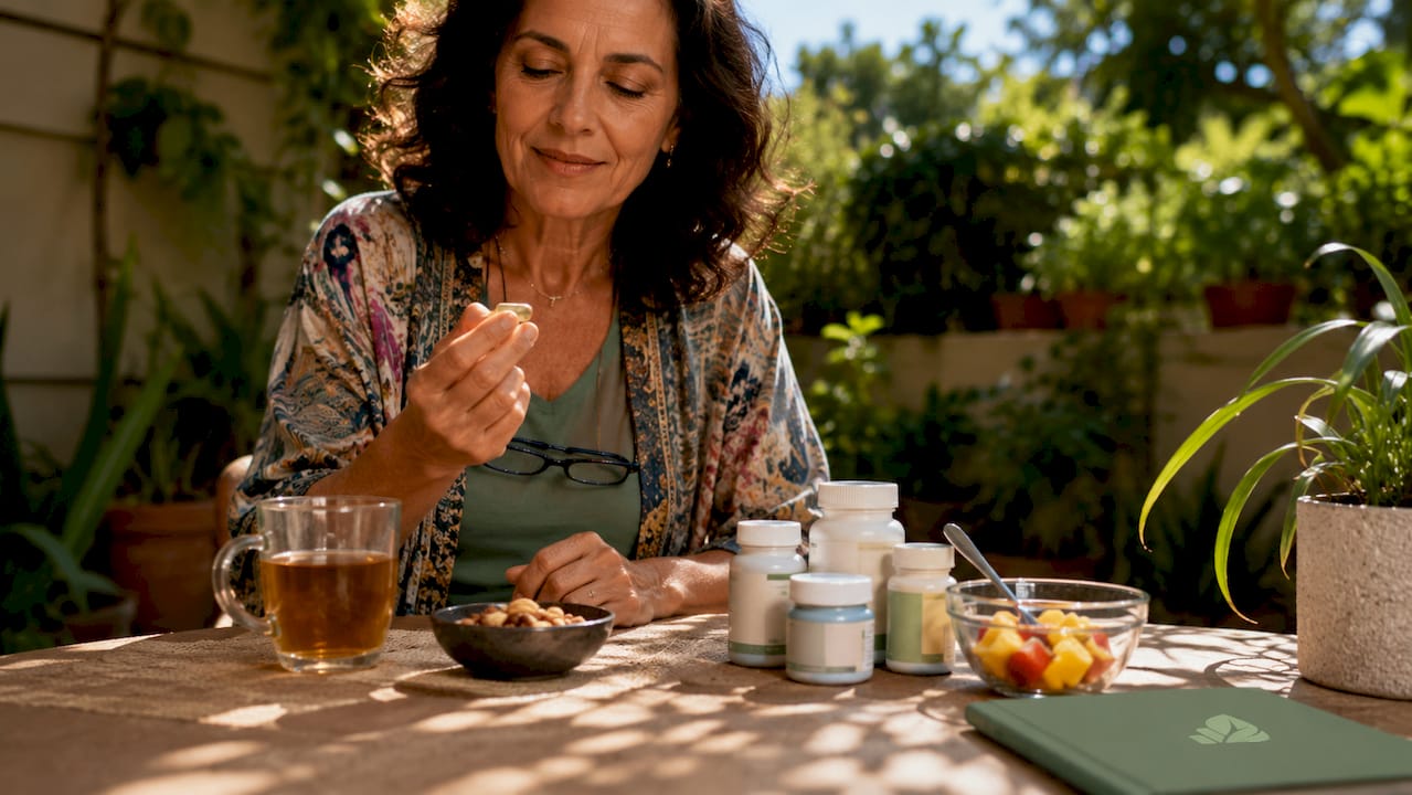 Woman taking eye vitamin supplement morning