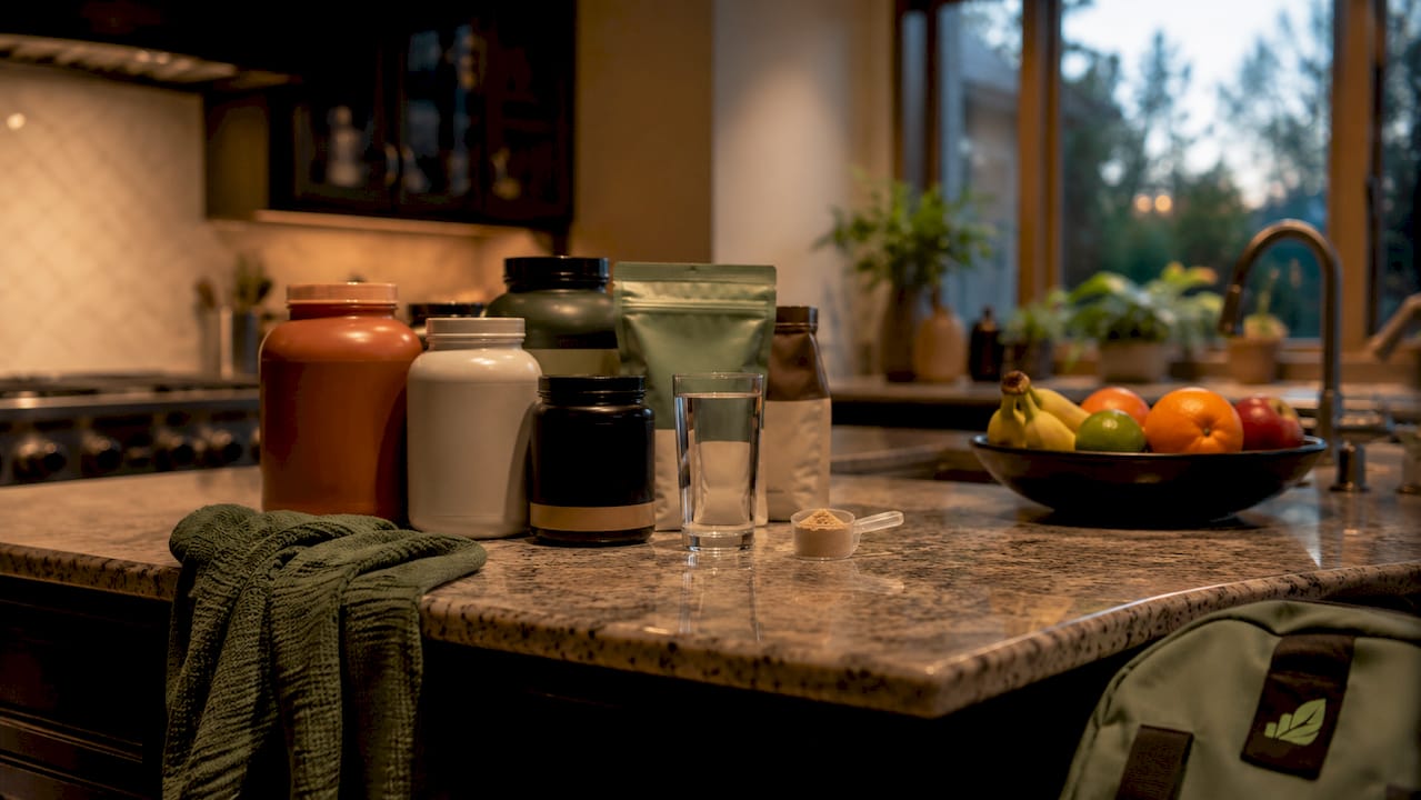Protein supplement containers on wooden table
