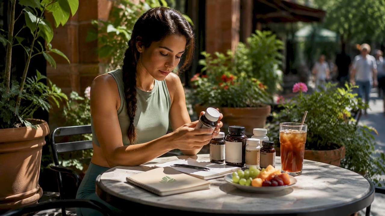 Woman reviewing weight loss supplements at table