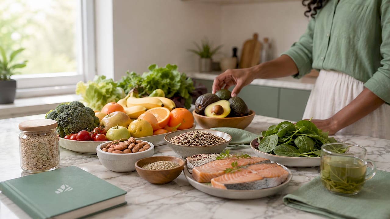 Close-up van verscheidenheid aan verse volle voedingsmiddelen met hoge nutriënten