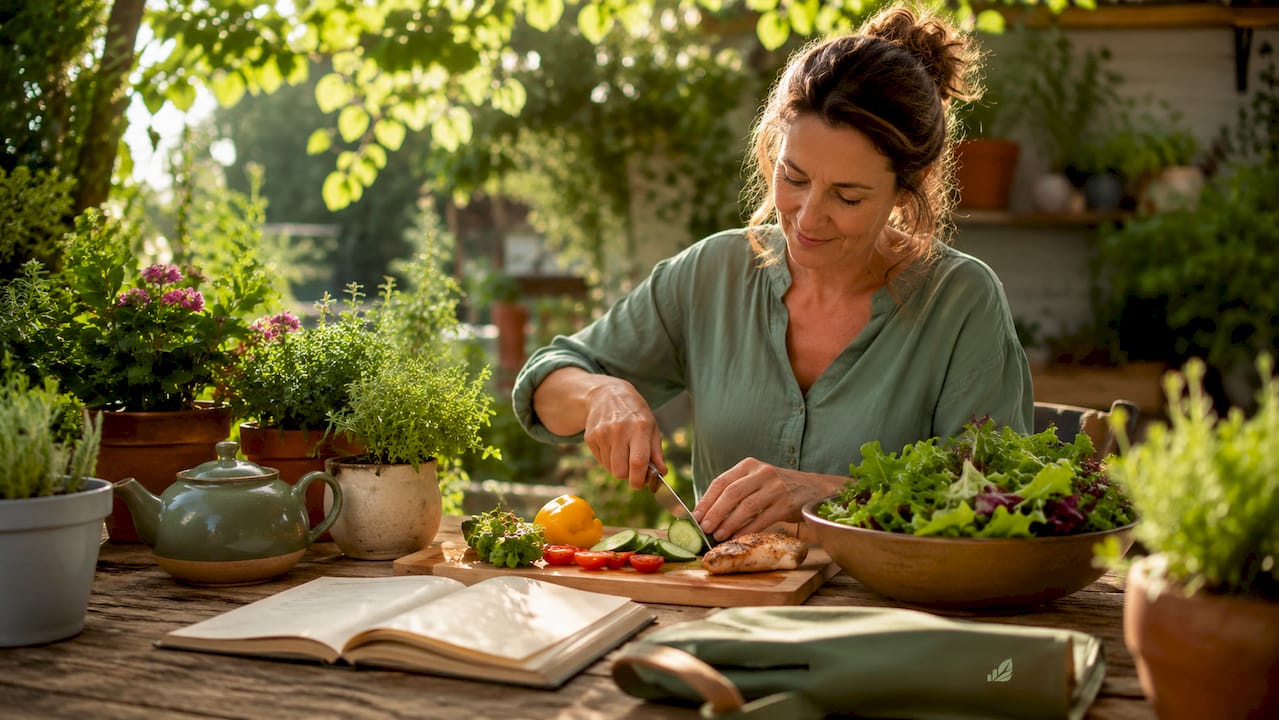 Woman preparing healthy balanced meal in kitchen