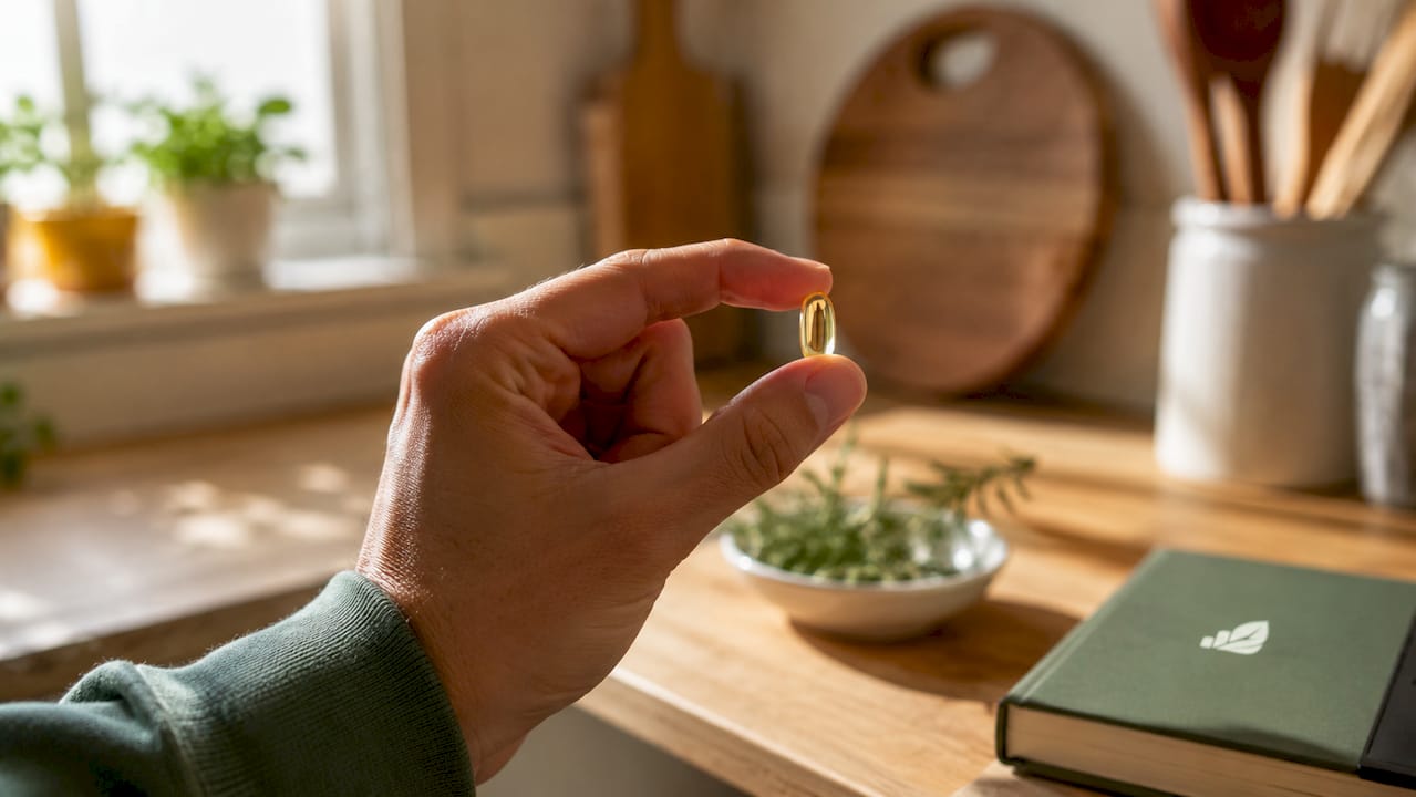Hand som håller vitamin D3-mjukgelékapsel i forskningsinställning