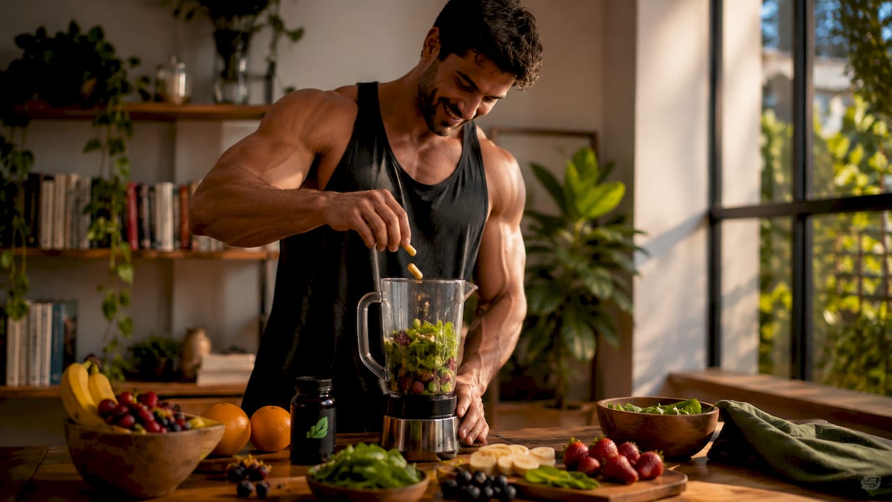 Bodybuilder preparing vitamin-rich smoothie in kitchen