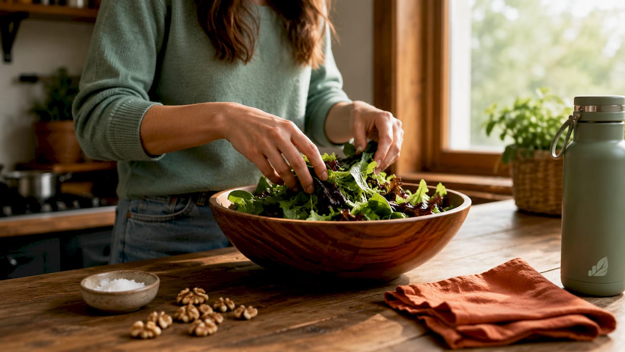 Primo piano di verdure a foglia con olio d'oliva e noci