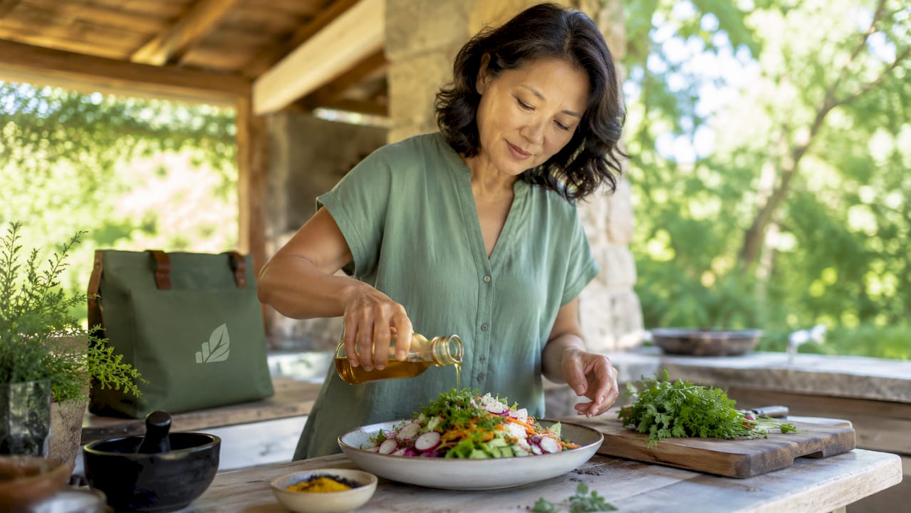 Woman preparing nutrient-rich meal in kitchen