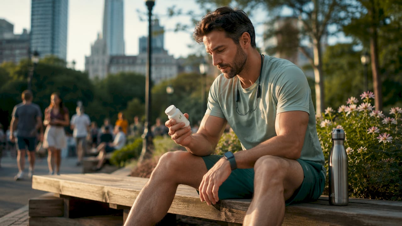 Männlicher Athlet hält Vitamin-D-Präparate im Park