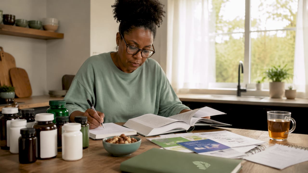 Woman reviewing supplement information at kitchen table