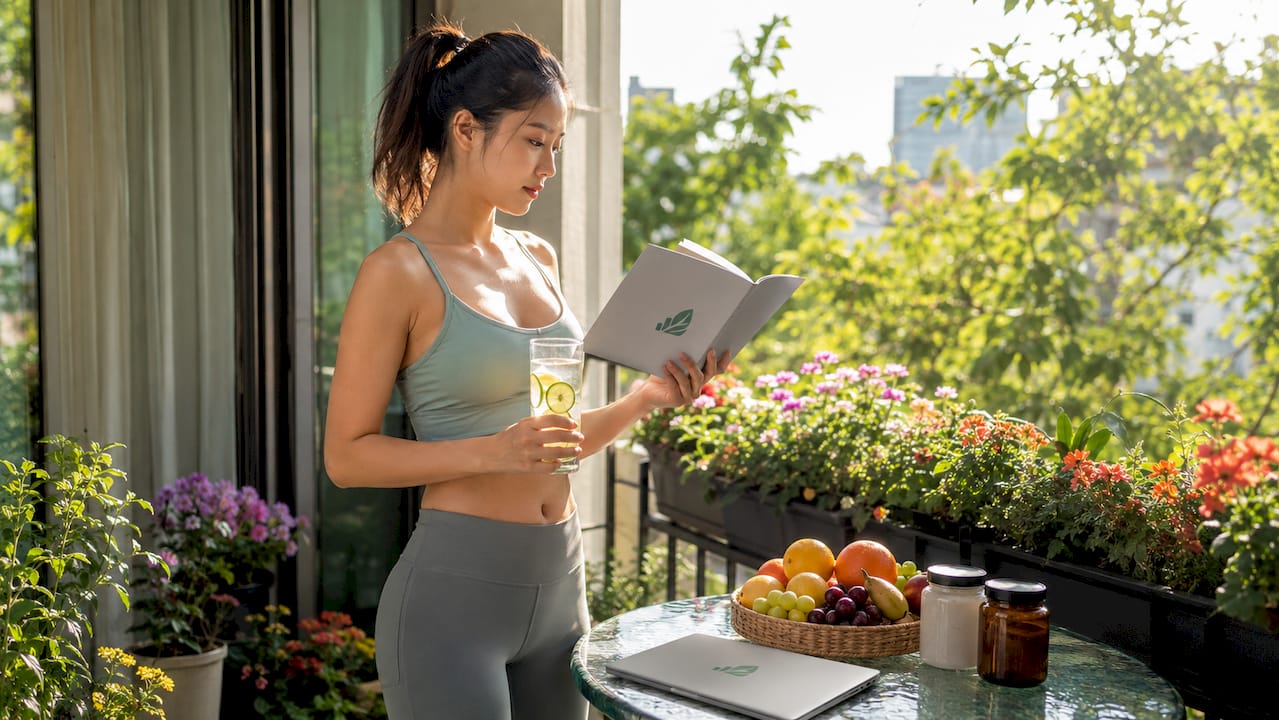 Woman reading probiotic information in kitchen
