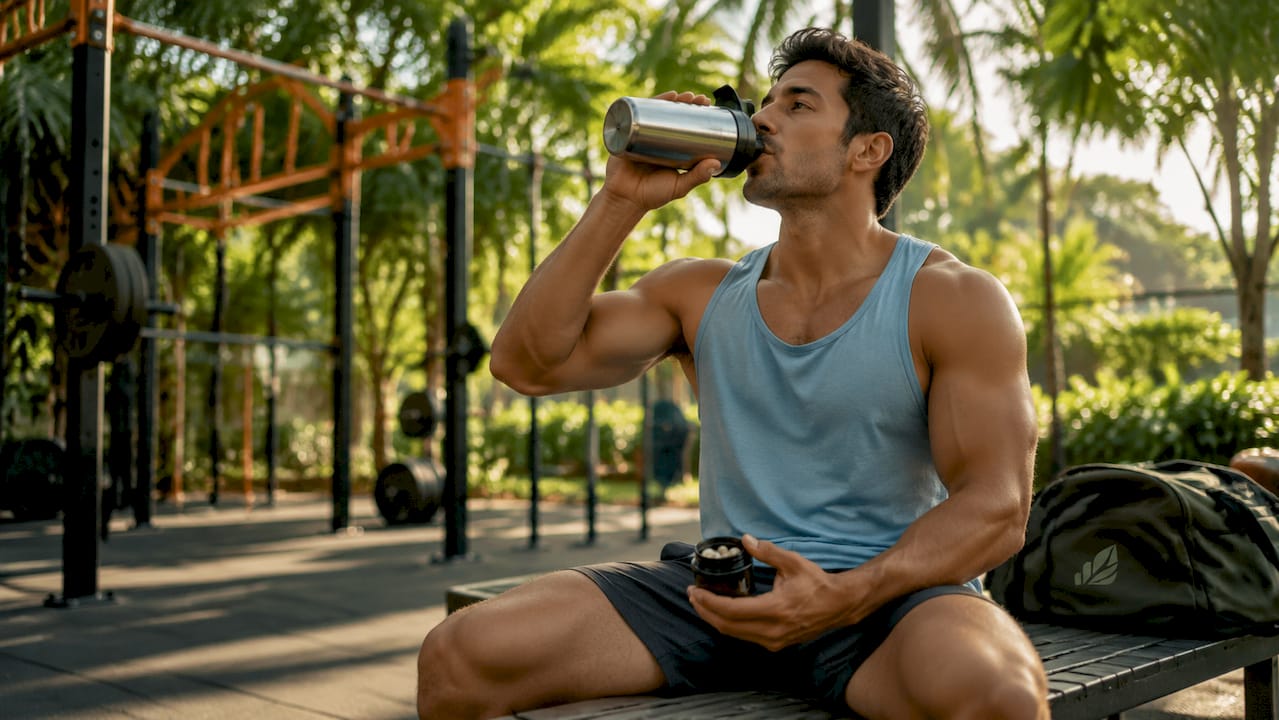 Atleet rust met ashwagandha-supplement in de sportschool