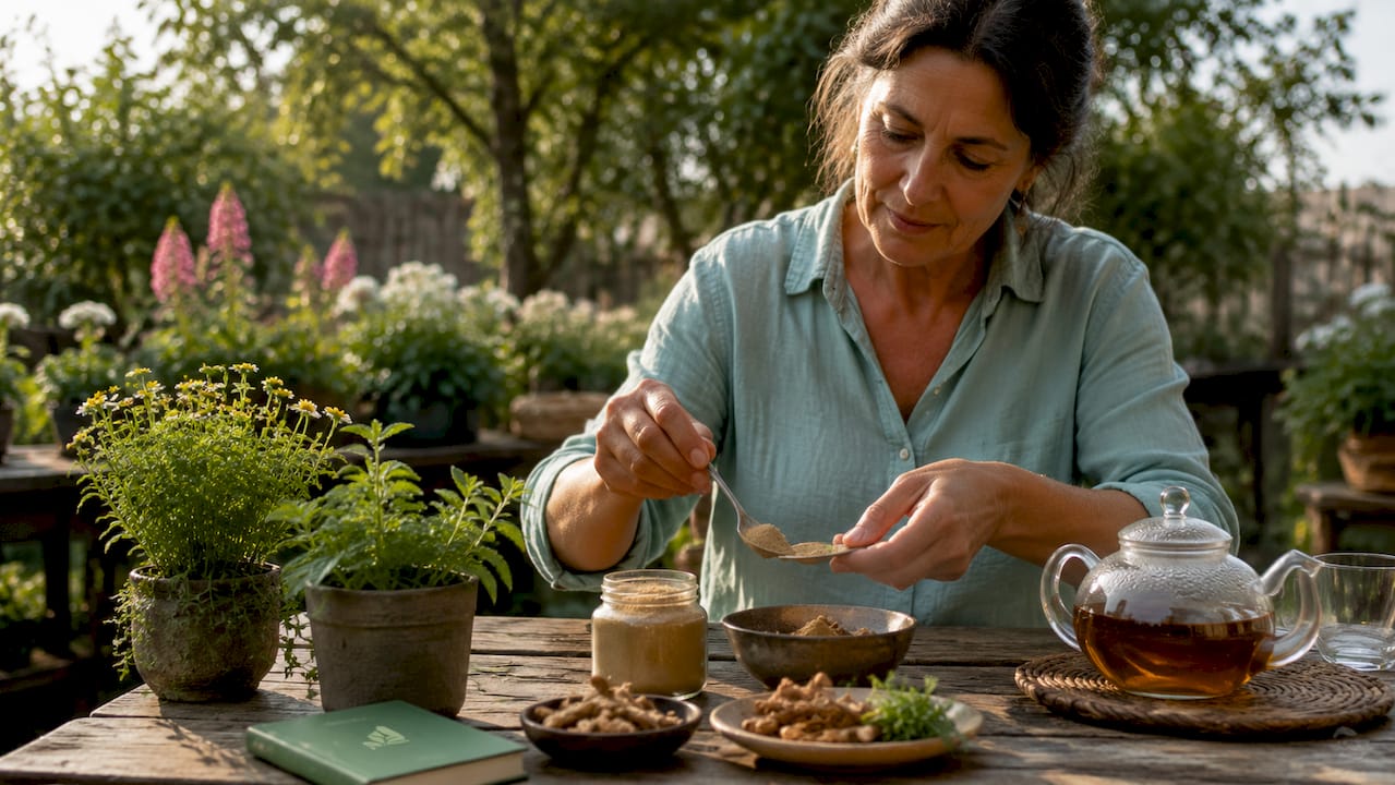 Woman preparing adaptogen herbal tea in kitchen