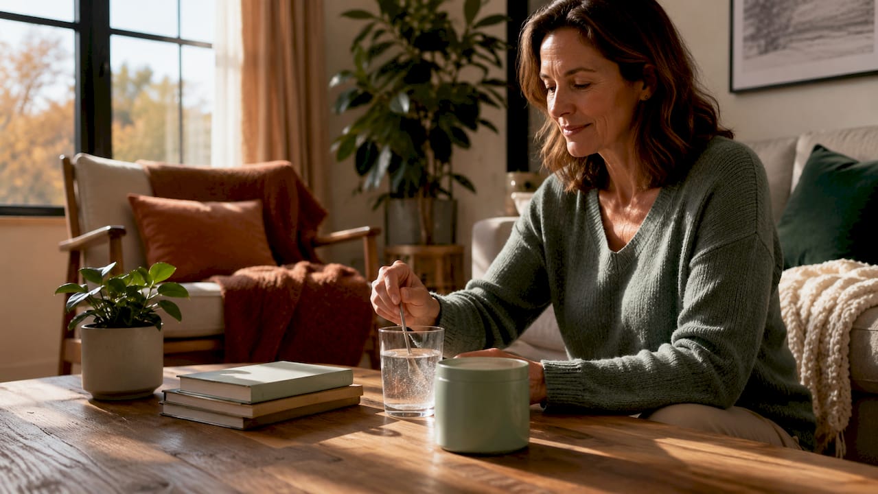 Woman preparing collagen peptide drink in kitchen
