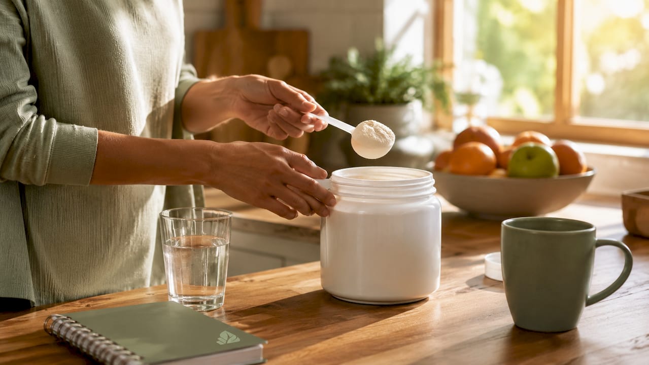 Hände, die ein Glas mit Kollagen-Peptiden im Heimfitnessstudio halten