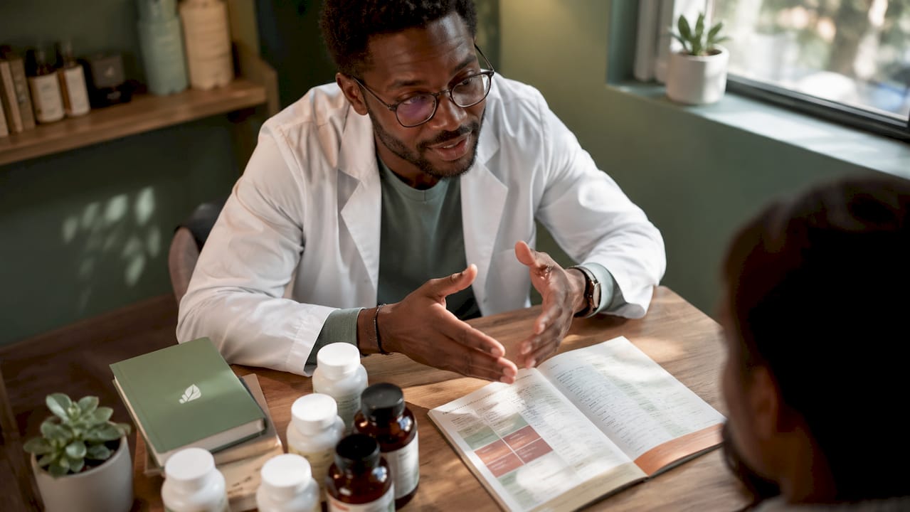 Pharmacist explaining supplement dosage details