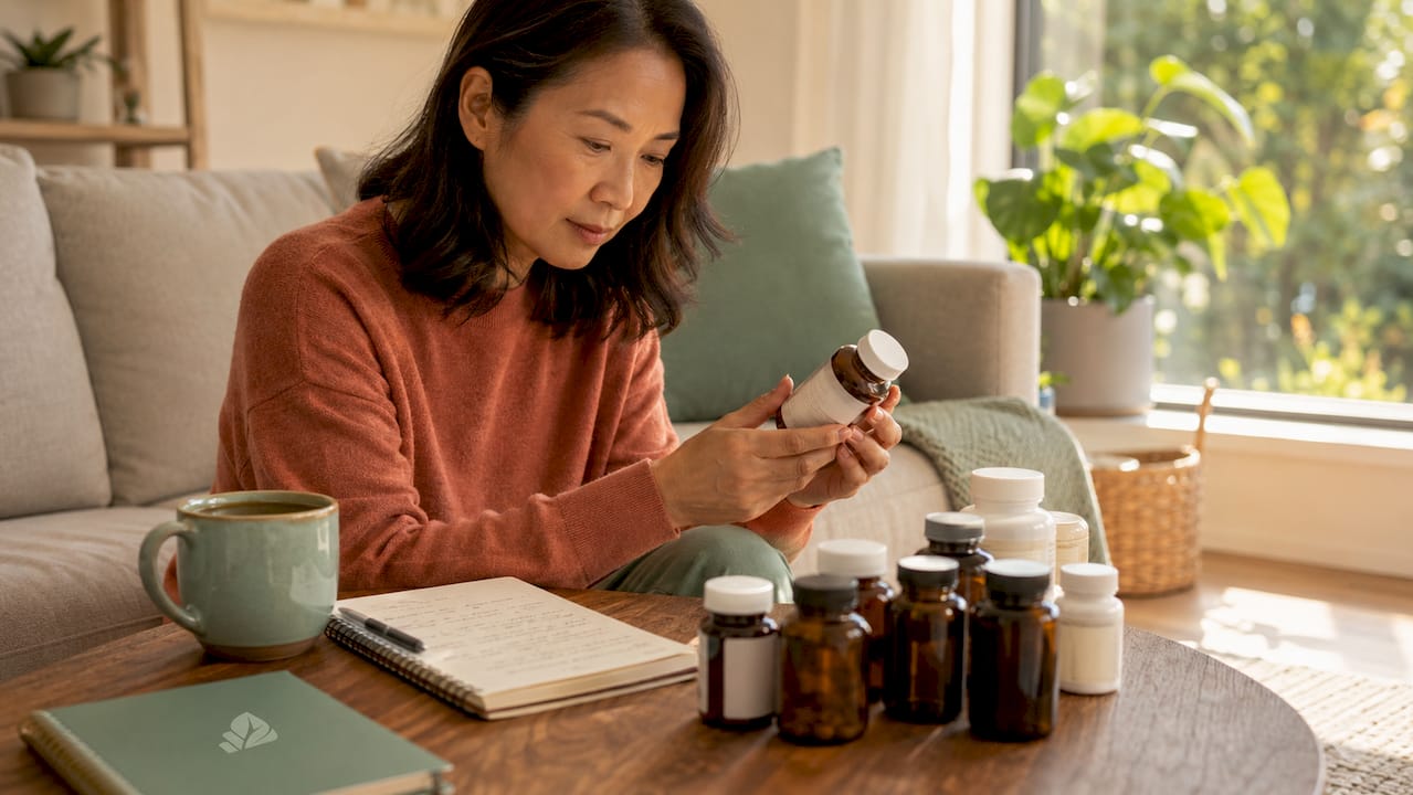 Woman reading supplement labels at kitchen counter