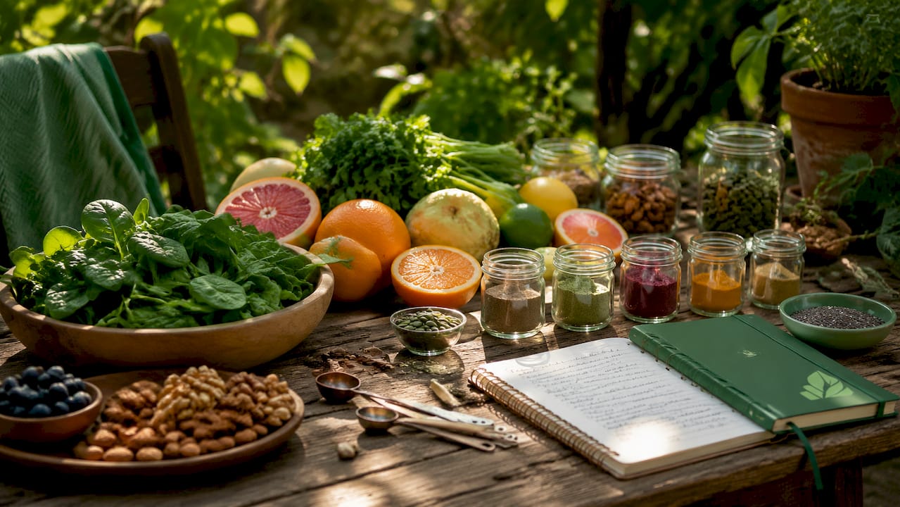 Top view of fresh foods rich in vitamins and minerals