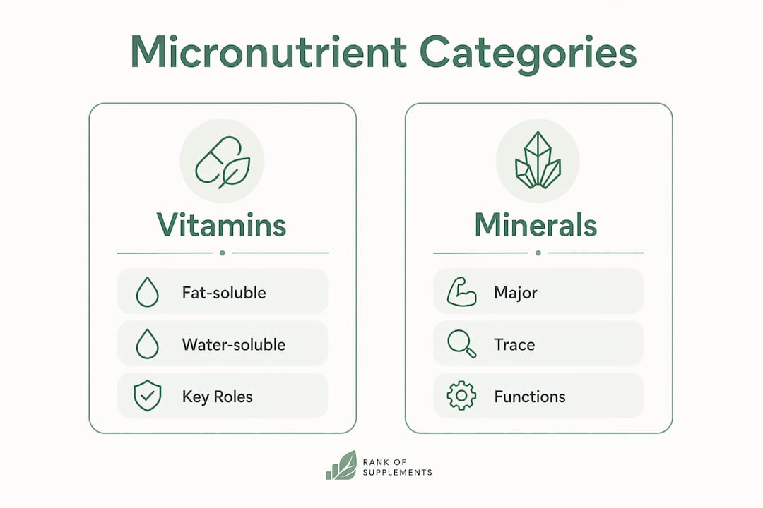 Infographic illustrating vitamin and mineral categories and roles