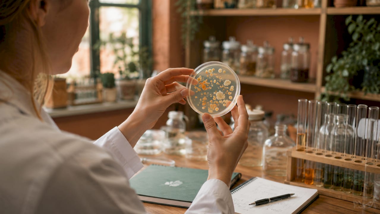 Wissenschaftler untersucht eine Petrischale mit probiotischen Bakterien