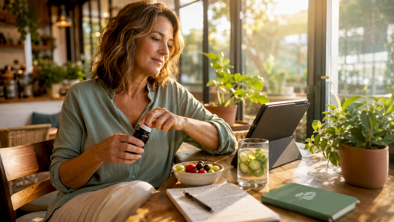 Woman opening probiotic capsules at kitchen table