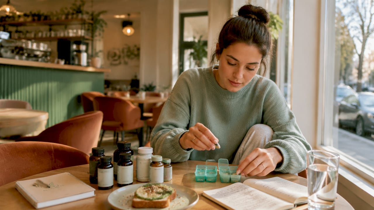 Woman organizing supplements into daily pill boxes