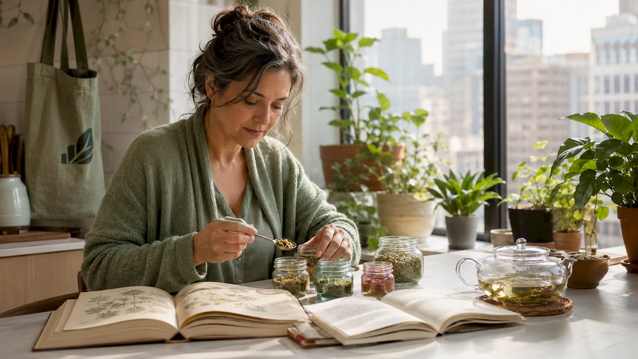 Woman sorting dried herbs at kitchen table