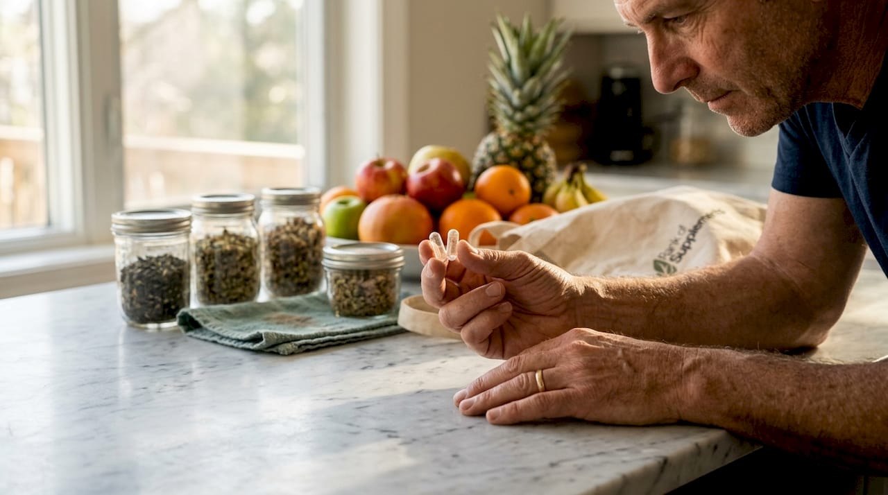 Close-up hands holding supplement capsules