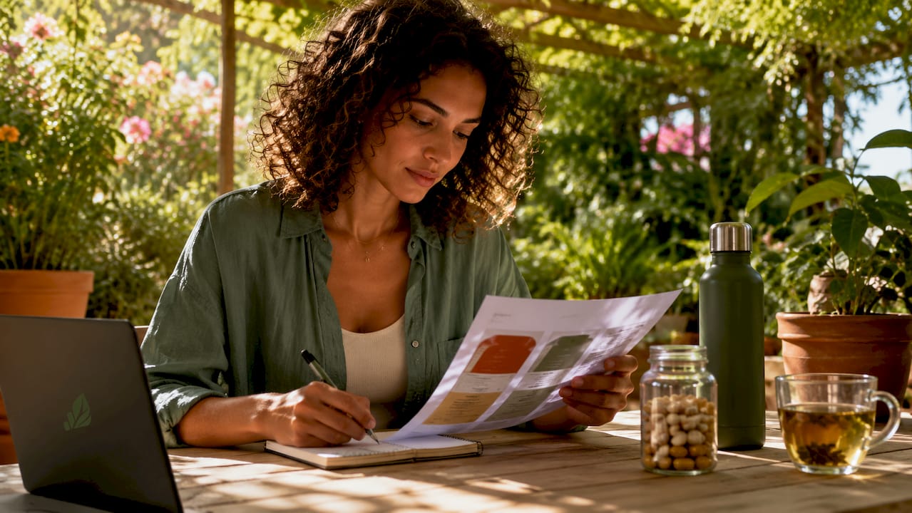 Woman planning beginner supplement routine at kitchen table