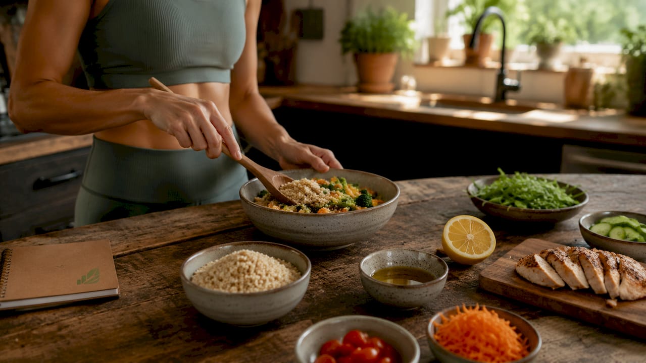 Vista dall'alto di alimenti con macronutrienti equilibrati su tavolo