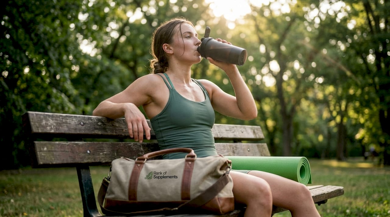 Female athlete drinking shake post-workout outdoors